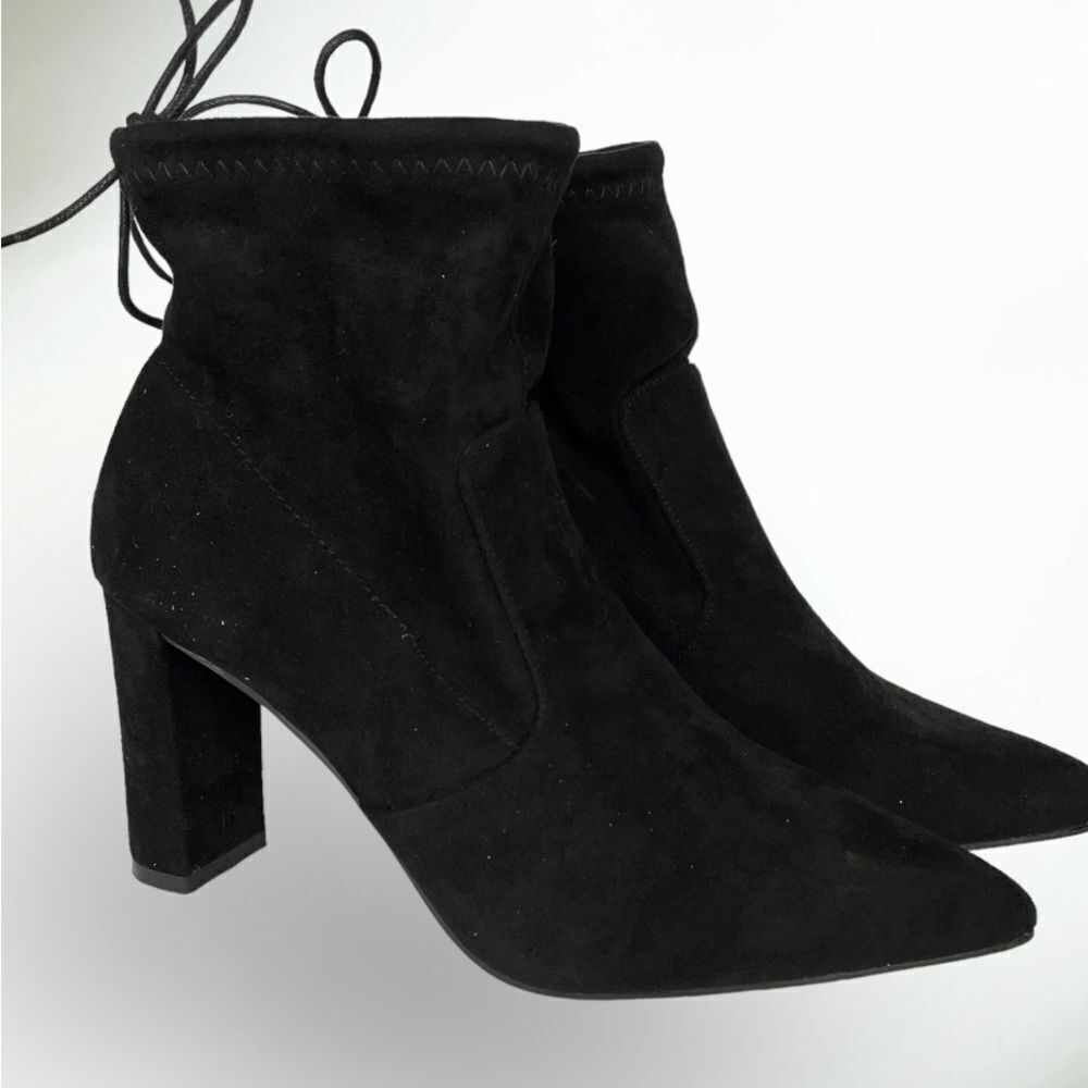 FAUX SUEDE PULL ON DRAWSTRING ANKLE BOOTS, Sz 10